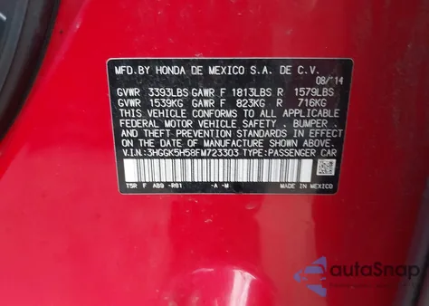 2015 Honda Fit Lx z USA, uszkodzony, nr VIN 3HGGK5H58FM723303